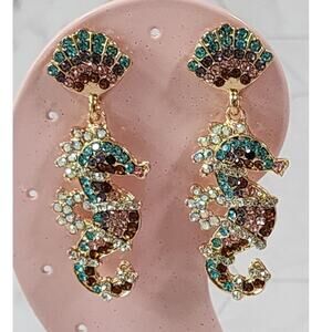Seahorse Rhinestone Dangle Earrings Multi Color Post Earrings Sealife Ocean
